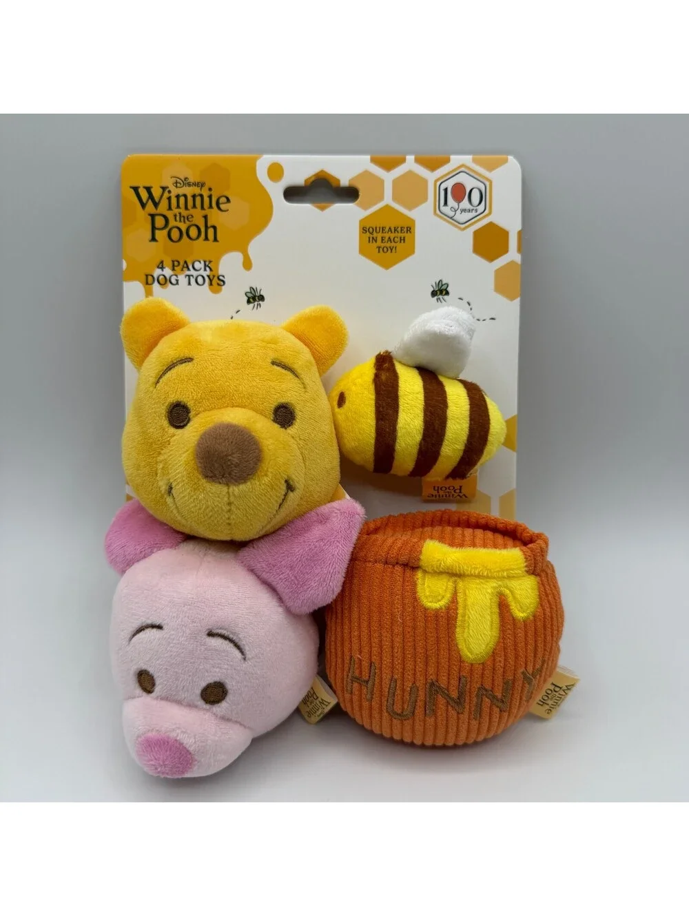 Disney Winnie the Pooh 4 Pack Squeaker Plush Dog Toy Pook Piglet Hunny Pot Bee
